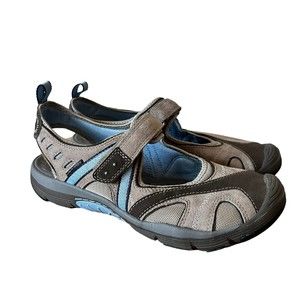 Privo by Clarks Slingback Tan Blue Trail Walking Shoes Sz 9.5 Breathable Comfort